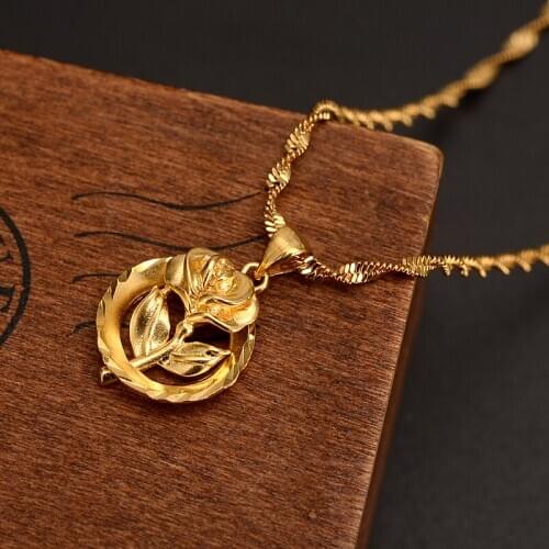 Dubai PENDANT Women Pendant Necklace Fine Gold G/F girls party Jewelry Africa/Arabrose Sweetheart rose Flower Gifts