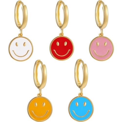 Cute Smiley Earrings For Women Stainless Steel Sweet Color Smile Face Hoop Dangle Earring Accessories Jewelry Gift Bijoux Femme