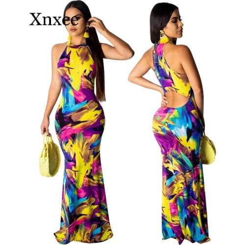 Sexy Women Robe Summer Sleeveless Fashion Printed Boho Dress Back Hollow Out Slim Maxi Dress Thin Summer Party Dress Long