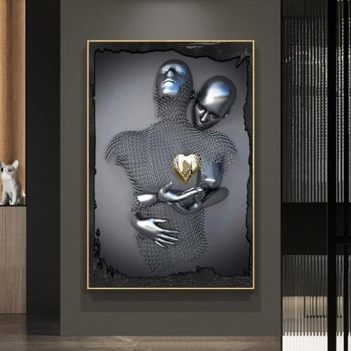Modern Lover Heart Metal Sculpture Art Canvas Painting Romantic Statue Posters and Prints Wall Art Picture for Living Room Decor