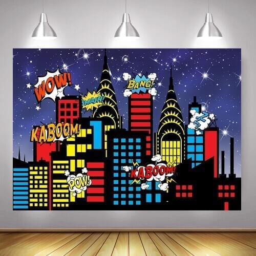 Super Hero Birthday Photography Backdrop Photocall Night City Colorful Buildings Newborn Kids Birthday Background Glitter Sky