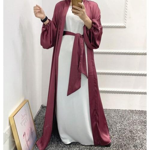 Dubai Abaya Thick Satin Open Front Kimino Duster Cardigans Women Muslim Fashion Balloon Sleeves Arab Islamic Hijab Dress Turkey