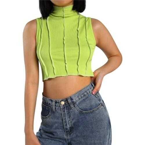 Women Patchwork Tank Tops Sleeveless Half High Collar Slim Fi Crop Tops Ladies Female Casual Streetwear Rib Knit Vest