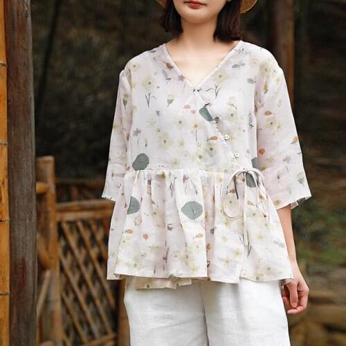 Women Loose Printed Lace Up Blouse Ladies Vintage Printed Ramie Shirt Tops Female 2021 Summer Ramie Shirts Tops