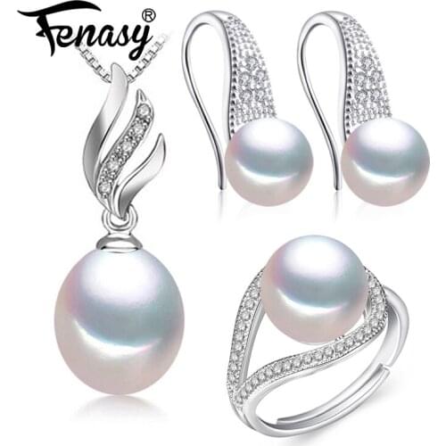 FENASY 925 Sterling Silver Natural Freshwater Pearl Jewelry Sets Classic Trendy Stud Earrings Pendant Chain Necklace For Women