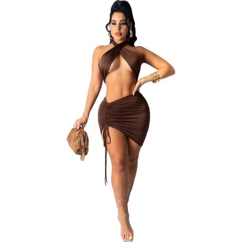 Echoine Woman Sexy Skirt Suit Halter Crop Top Lace Up Ruched Bodycon Mini Skirt Two Piece Set Dress Fashion Night Club Suit