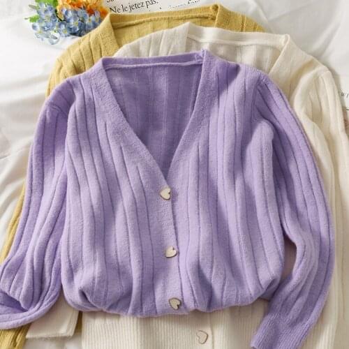 Solid Stripe Knitted Sweater Cardigan Women Autumn Winter Fashion Slim Korean Heart Single Breasted V-neck Causal Jumpers