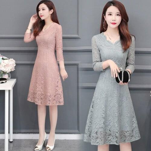 Spring Dress Women Seven Point Sleeve Hook Flower 2020 New Plus Size Lace Dress Midi Female Elegant Female Party Dress 4XL