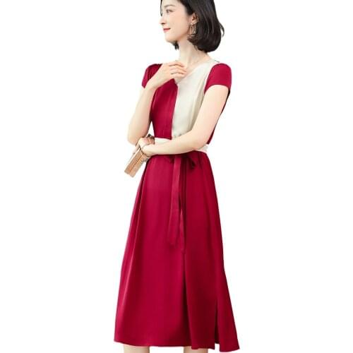 High End Silk Dresses Women Natural Silk 2021 Summer V Neck Short Sleeve with Slit and Sash Elegant Contrast Colors Design