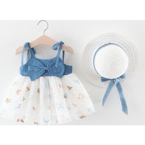 2021 Summer Baby Girls Clothes With Hat Infant Toddler Princess Party Dress Bow Denim Suspender Dress Newborn Tutu Tulle Dress