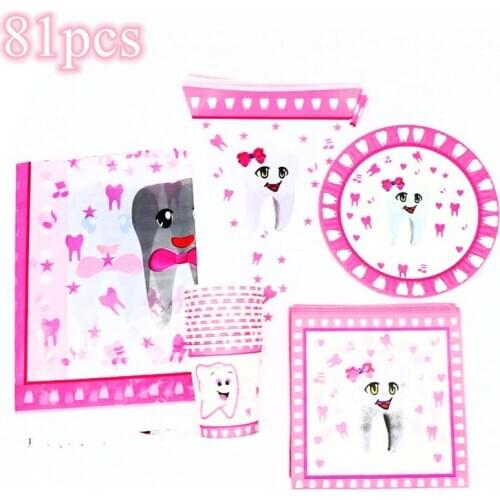 81pcs Pink Teeth Birthday Party Supplies Tooth Disposable Towel Cups Napkins Tablecloths Plates Girls Birthday Party Tableware