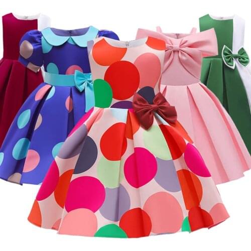 PLBBFZ Childrens Clothes 2021 New Girls Dresses Printing Little Girl Princess Dresses Bowknot Middle Small Kids Costume 3-10 Y