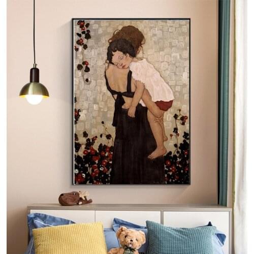Famous Abstract Painting Mother and Child By Gustav Klimt Canvas Painting Posters and Prints Wall Art Picture for Living Room