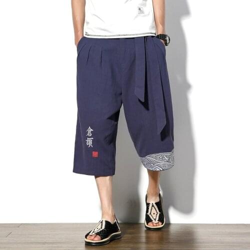 Japanese Style Kimono Mens Gymnastics Yoga Sports Loose Shorts Linen Cropped Trousers Summer Shorts Embroidered Trousers