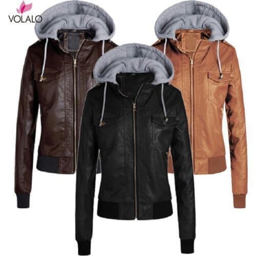 2019 New Fashion Women Smooth Motorcycle Faux Leather Jackets Ladies Long Sleeve Autumn Winter Biker Streetwear Hooded Coat