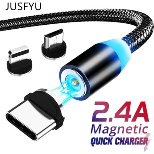 JUSFYU 2m 1m LED Magnetic USB Cable For iPhone Type C Android Magnet Charger Data Charging Micro USB Cable Mobile Phone Cables