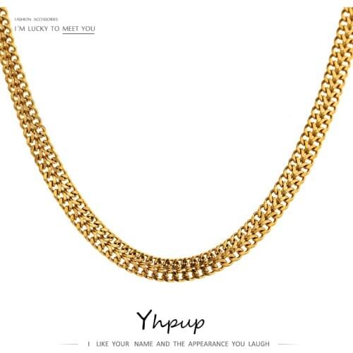 Yhpup Fashion Double Layer Flat Chain Stainless Steel Necklace Jewelry High Quality 18 K Metal Texture Collar Necklace Bijoux