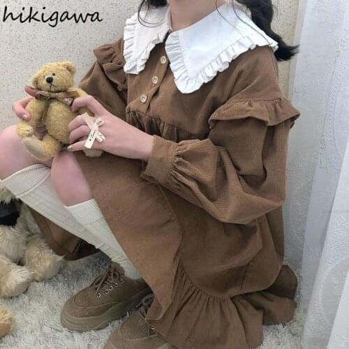 Hikigawa Japanese Cute Mini Dress Women Ruffle Peter Pan Collar Patchwork Puff Sleeve Vestidos Loose Corduroy Student Dresses