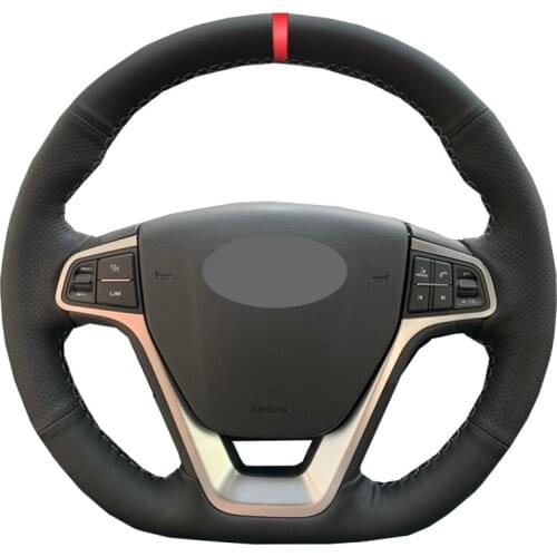 Hand Sewing Auto Car Steering Wheel Cover Wrap For Geely EMGRAND GT 2015 2016 2017 Red Marker Non-slip Black Artificial Leather