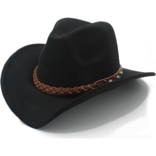 LUCKYLIANJI Wool Felt Western Cowboy Hat For Kid Child Wide Brim Cowgirl Kallaite Braid Leather Band (Size:54cm,Adjust Rope)