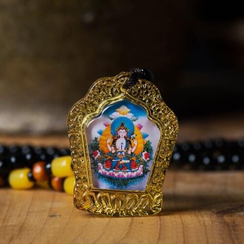 Buddha Statue Small Thangka Tibetan Buddhism Coloured Glaze Pendant Necklace