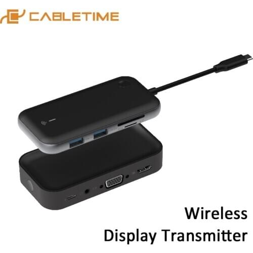 CABLETIME USB-C Hub with Wireless Display Transmitter Tpye C HUB to USB3.0 HDMI VGA WiFi Adapter for Macbook Air Matebook C327