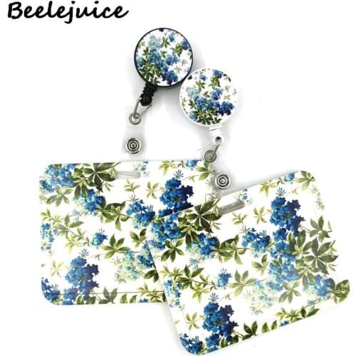 Blue Green Flowers ID Retractable Badge Holder Reel ID Badge Holder Clip Key Ring for Name Card Keychain Nurse Work Decoration