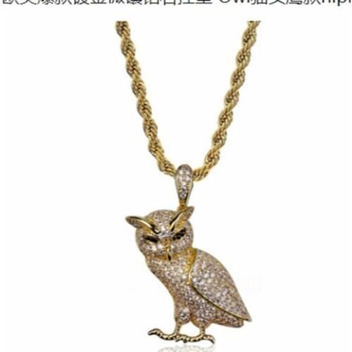 Hight Quailty Owl Necklace Brass Golden Ice Out Micro Pillow Cubic Zircon 24 Inch Rope Charm Chain Men Gift