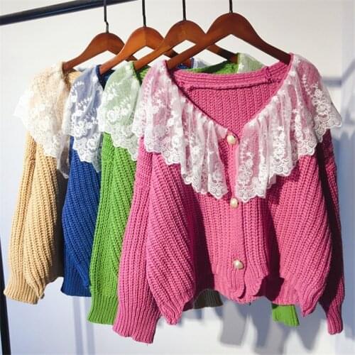 Women Cardigans Sweater Lace V neck Candy colors Knitwear Single Breasted Casual knitted Cardigan Outwear Student Jacket Coat