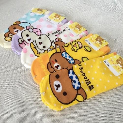 Women Sock Rilakkuma Socks Short Print Striped Stitching Orange Bear Cotton Nude Funny Novelty Comfort Cartoon Animal Calcetine