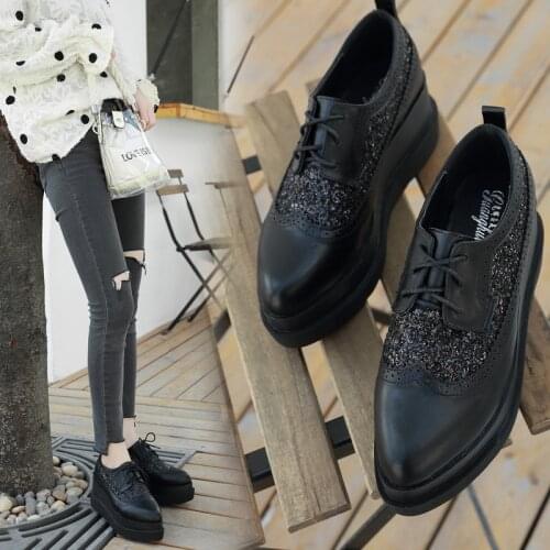 Women brogue shoes lace-up creepers muffin glitter pointed toe flats fashion single platform shoes wedges all match derby flats