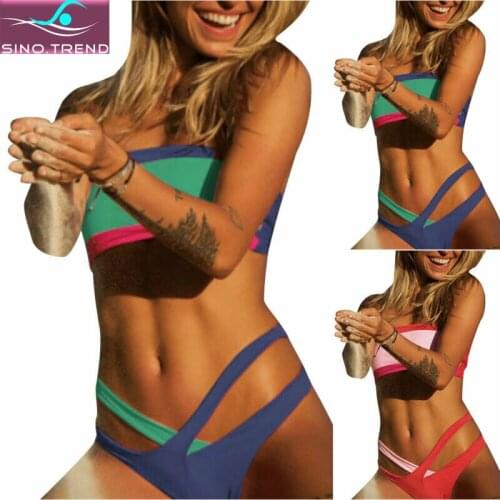 2021 Swimwear Women Bandeau Padded Bikini Set Color Block Swimming Costume Summer Swimsuit Beach Swimsuits