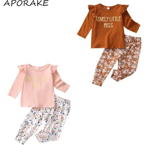 2021 0-6Y Sweet Kids Girl Clothing Autumn Tracksuit Letters Print Ruffle Long Sleeves T-Shirt+Floral Elastic Waist Pants 2pcs