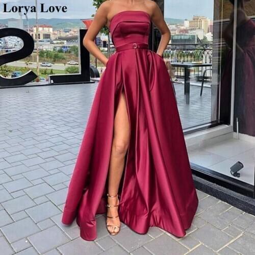Pink Split Prom Dresses 2020 Women Formal Party Long Sexy Vestidos De Gala Simple Strapless Satin Robes Elegant Evening Gowns