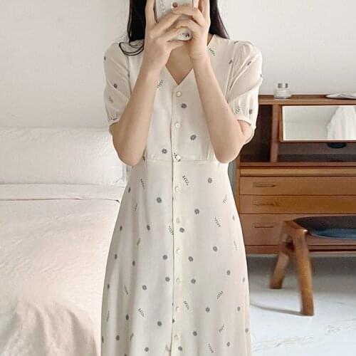 Casual Floral Print Summer Dress Women V-neck Single Breasted Female Dresses Plus Size Embroidery Short Sleeve Midi Dress14888