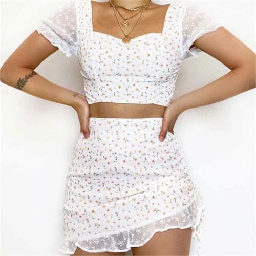 Floral Print Summer Dress Set Women 2021 Lace Pleated Bohemian Short Dresses Zipper High Waist Casual Two Piece Outfits