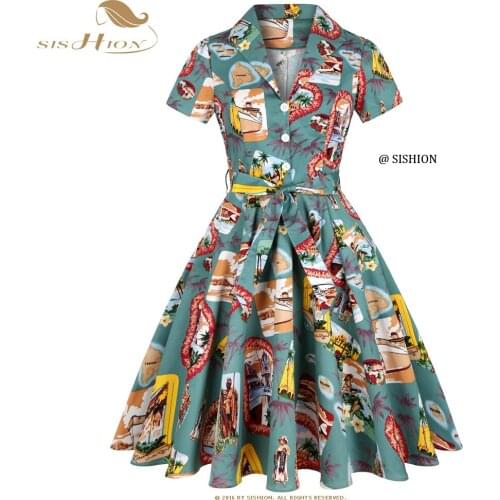 SISHION 2021 New Party Women Summer Dress SD0002 Short Sleeve Plus Size 50s Vintage Boho Y2K 50s 60s Cotton Vintage Dress