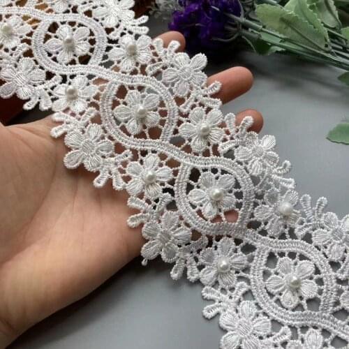 1 Yard White Lace Trim Ribbon Polyester Pearl Flower Embroidered Fabric Handmade DIY Wedding Sewing Supplies Craft Decoration