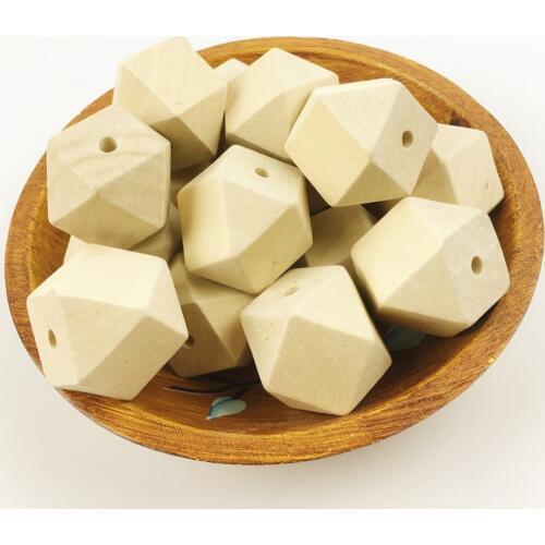 200pc 20mm Geometric Wooden Beads Unpainted Natural Chunky Faceted Handmade Cube DIY Making Necklace Bracelet BPA Free Chew Toys