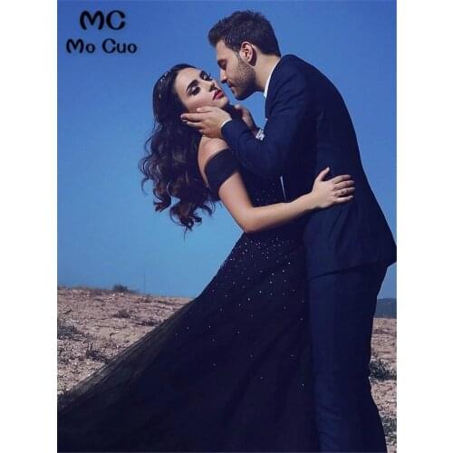 2021 Black Evening Dresses Beads A Line Tulle Off-The-Shoulder Floor Length Elegant Plus Size Evening Prom Party Gowns