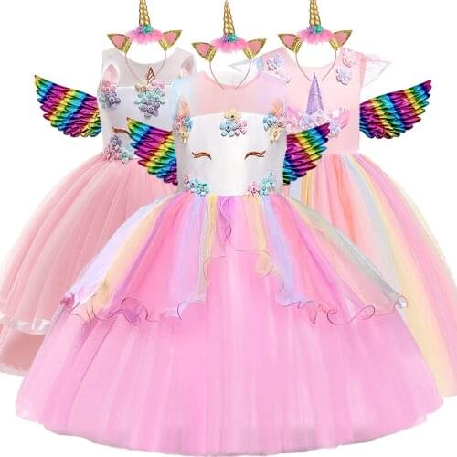 2021 Child Unicorn Dresses Rainbow Ball Gown Girls Clothes Tutu Kids Princess Dress Birthday Party Vestidor Robe Infantil