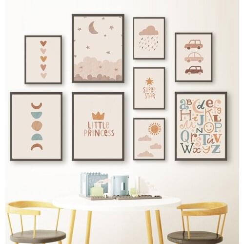 Alphabet Numbers Abstract Sun Rainbow Moon Car Wall Art Canvas Painting Nordic Posters And Prints Wall Pictures Kids Room Decor