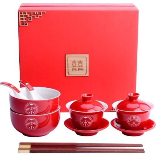 Chinese wedding red tea pot cup a pair red ceramic teacup teapot tray bowl spoon chopsticks set happy wedding teaware