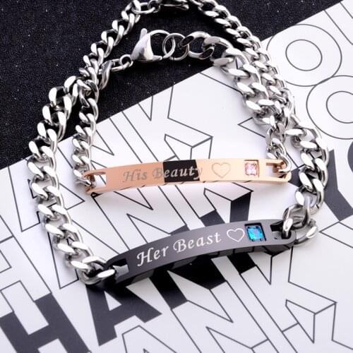 Aprilwell 2 PCs Beauty And Beast Letter Couple Bracelet Sets For Women Gothic Cuff Wrist Chain Gold Black Armband Y2k Jewelry