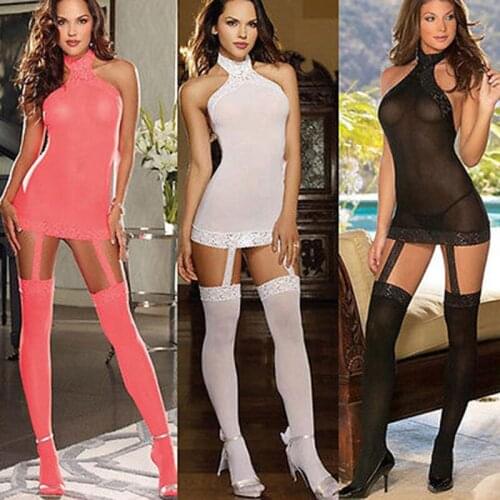 Womens Sexy Lingerie Set Erotic Dress Babydoll Lace Sleepwear Stockings Backless Hanging Neck Jumpsuit Babydoll Exotic Costumes