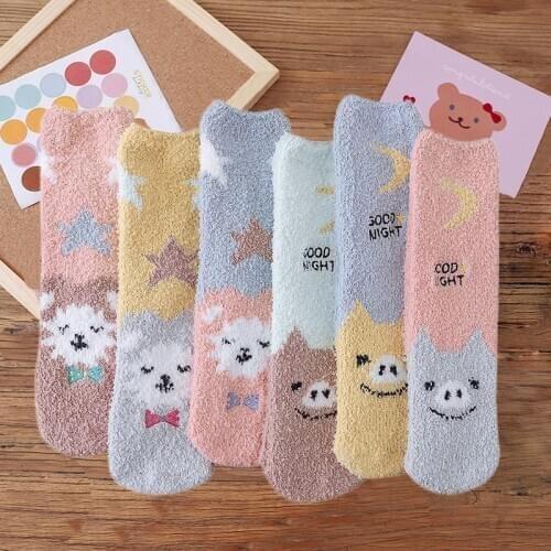 Colorful Kawaii Coral Fleece Socks Female Korean Style Stars Moon Cartoon Pig Expression Plus Velvet Thick Warm Floor Socks Gift