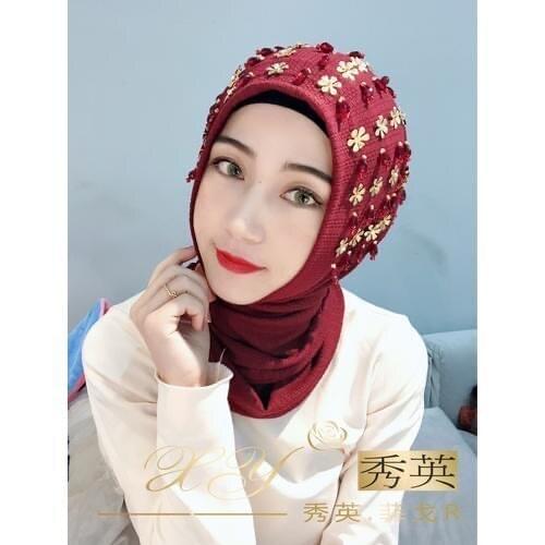 Mesh Sequins Ready To Wear Turban Muslim Girls Head Caps