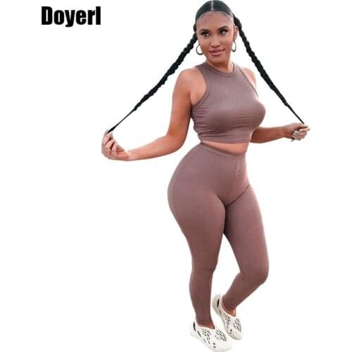 Summer Two Piece Women Set Sport Casual Outfit Sets for Women Crop Top and Leggings Pants Sportswear Bodycon Brown Tracksuit Set