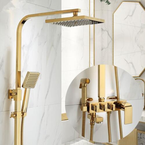 Brass Shower Faucets Set Shinning Gold 8'' Rainfall Shower Bathtub Mixer Tap Swivel Tub Spout Bath Shower