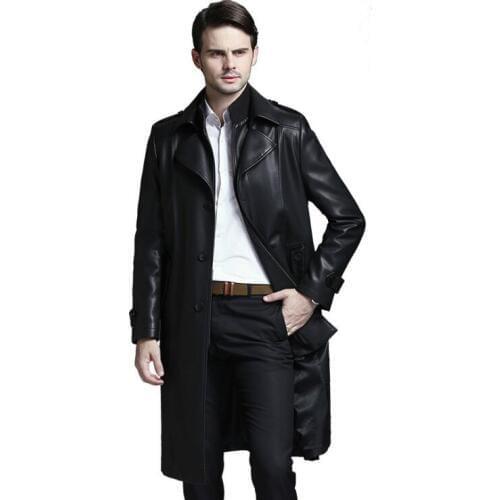 New Fashion Men Warm Winter Clothes Mens Long Leather jacket Sheepskin Mens Business casual Long Trench Coat Plus Size M-4XL